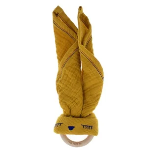Hi Little One - Przytulanka Z Organicznej Bio Bawełny Gots Z Gryzakiem Sleepy Bunny Cozy Muslin With Wood Teether 2In1 Mustard - Chusty do noszenia dzieci - miniaturka - grafika 1