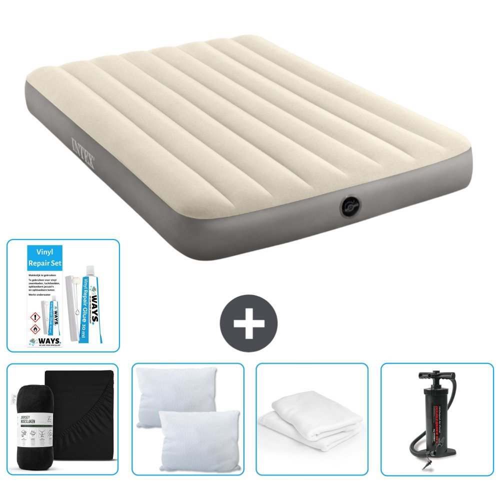 Łóżko powietrzne Intex - Łóżko podwójne - 137 x 191 x 25 cm - Beżowy - W zestawie Prześcieradło - Pocałunek - Pompka - Zestaw naprawczy en Ochraniacz na poduszkę