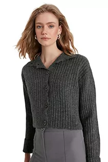 Swetry damskie - Trendyol Damski standardowy standardowy standardowy kardigan z dzianiny z wywijanym kołnierzem, Antracyt, S - grafika 1