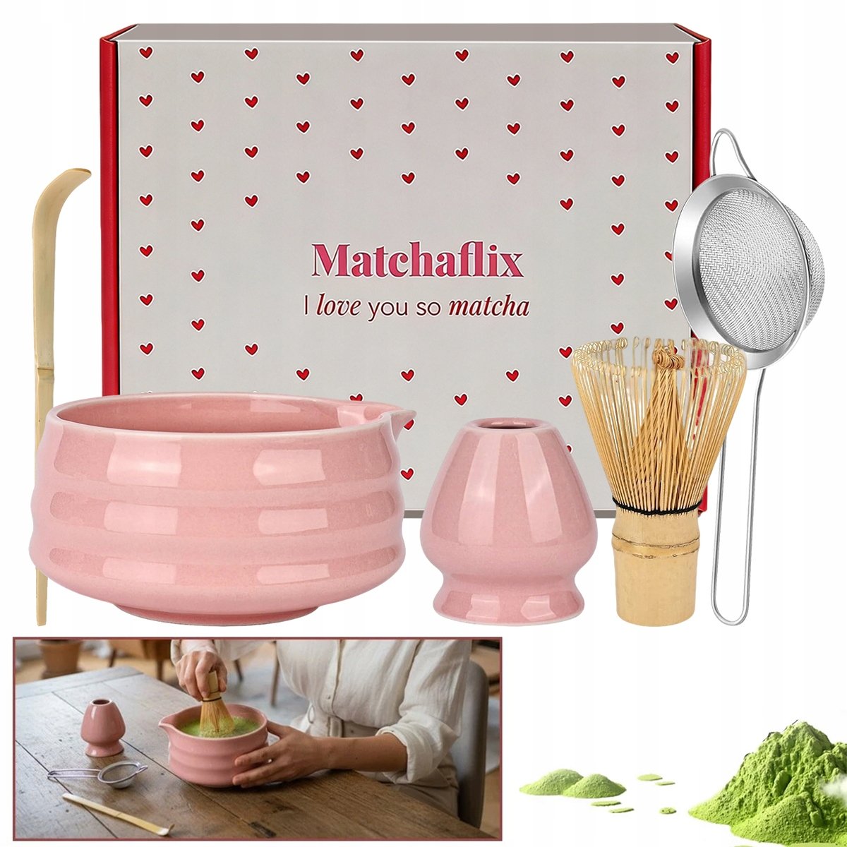 Zestaw Prezentowy Do Herbaty Matcha Czarka Miotełka Podstawka Łyżeczka