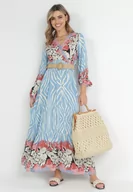 Sukienki - Niebiesko-Różowa Rozkloszowana Sukienka Maxi w Kwiaty z Paskiem Leondra - miniaturka - grafika 1