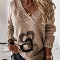 Bluzy damskie - TEMU W magazynie: Luźna bluza z dekoltem w serek i nadrukiem , casualowa, z tkaniny - miniaturka - grafika 1