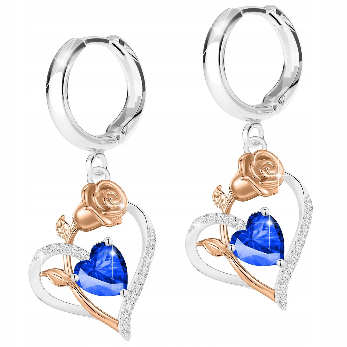Kolczyki Srebrne Niebieskie Serca z Różami Kwiaty Serce Róże SREBRO 925