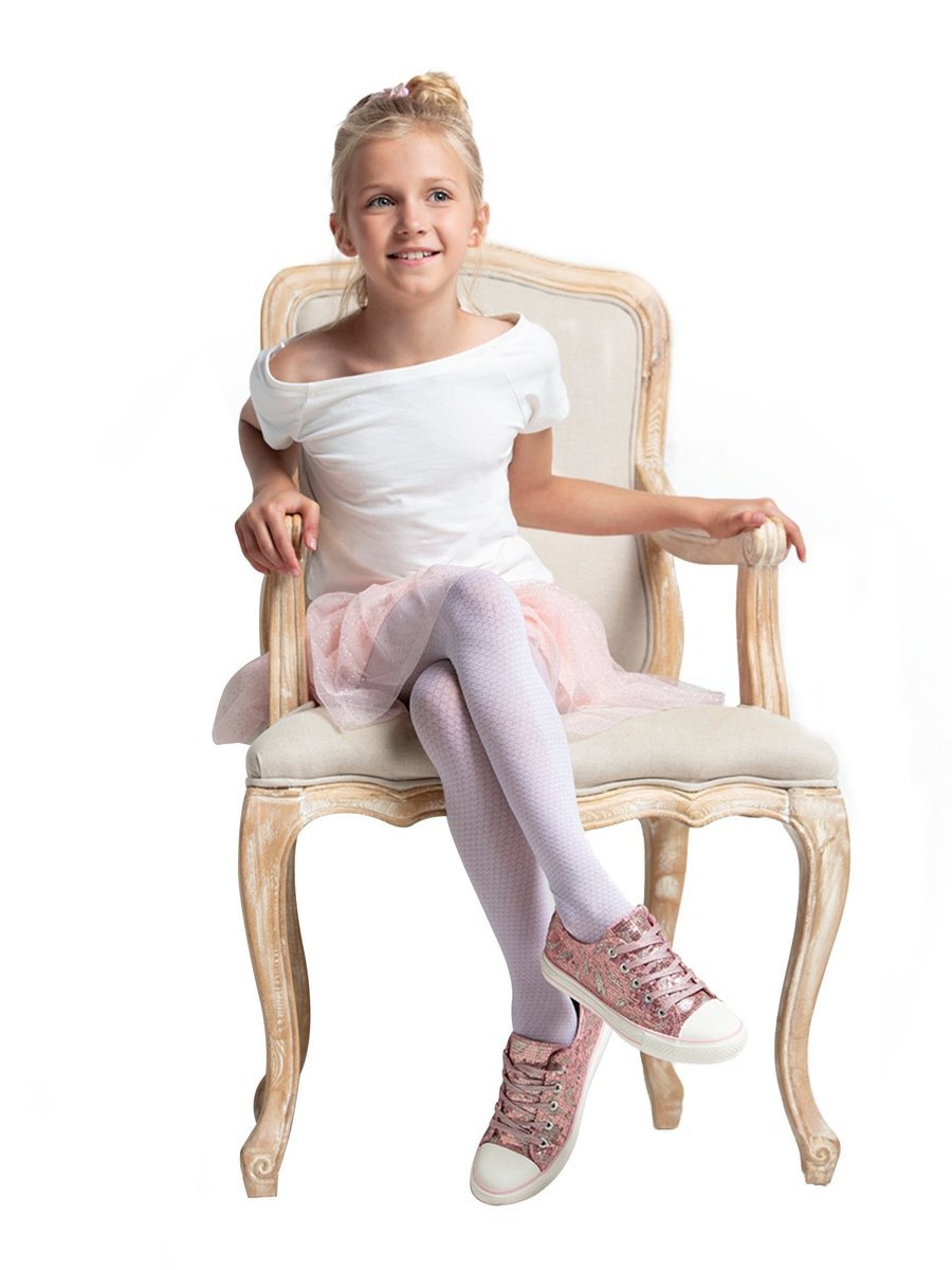 YoClub, Rajstopy dziecięce z mikrofibry, ażurowe, białe romby, rozmiar 152/158