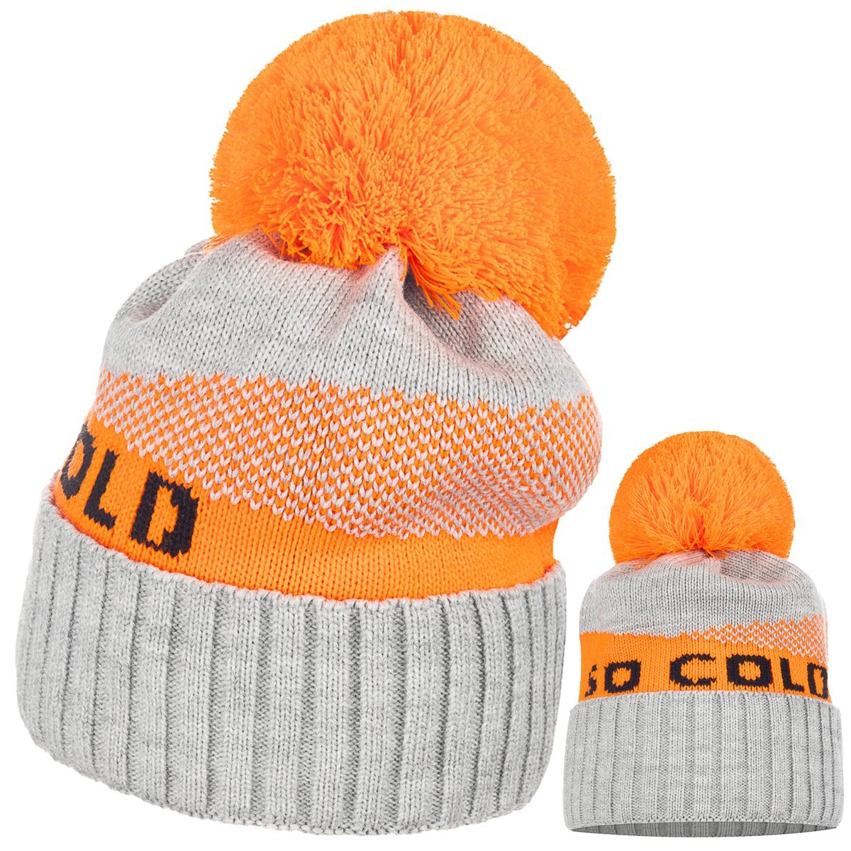 Czapka Damska Kobieca So Cold We Wzór Z Pomponem Szary Pomarańczowy