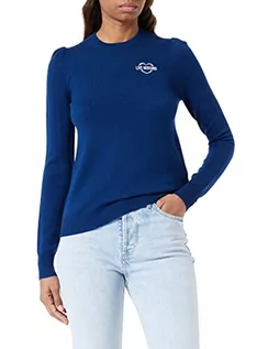 Swetry damskie - Love Moschino Damski sweter o regularnym kroju z okrągłym dekoltem, długie rękawy z mankietem i sercem, emblematem, niebieski, 42 - grafika 1