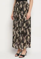 Spódnice - Czarna Plisowana Spódnica Rozkloszowana w Kwiaty Zdobiona Metalicznym Nadrukiem Folenisa - miniaturka - grafika 1