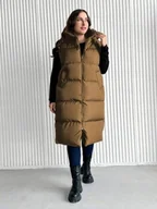 Kamizelki damskie - Plus Size Damska Kamizelka Puchowa Brązowa Klasyczna 50 Łud - miniaturka - grafika 1