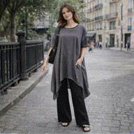 Bluzki damskie - Bluzka Tunika damska Oversize Szara Grafit Asymetryczna Uniwersalna - miniaturka - grafika 1