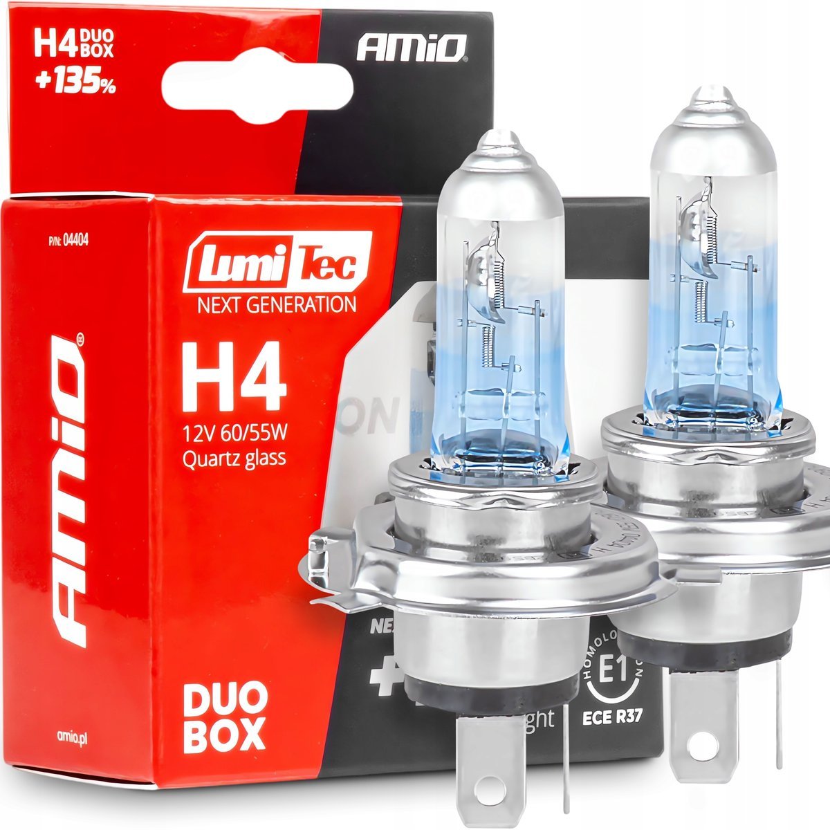 ŻARÓWKI H4 AMIO LumiTec NEXT GENERATION +135% 12V 60/55W HOMOLOGACJA E1 R37