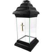 Lampiony i znicze - Znicz Kapliczka Szklany Prosty Czarny Lampion Ze Złotym Krzyżem 31Cm - miniaturka - grafika 1