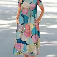 Sukienki - TEMU Sukienka A-Line z Kieszeniami - Wielokolorowy Okrągły Dekolt, Elastyczna, Pranie w Pralce, Całoroczna Elegancka Sukienka Damska, Urocze Stroje - miniaturka - grafika 1