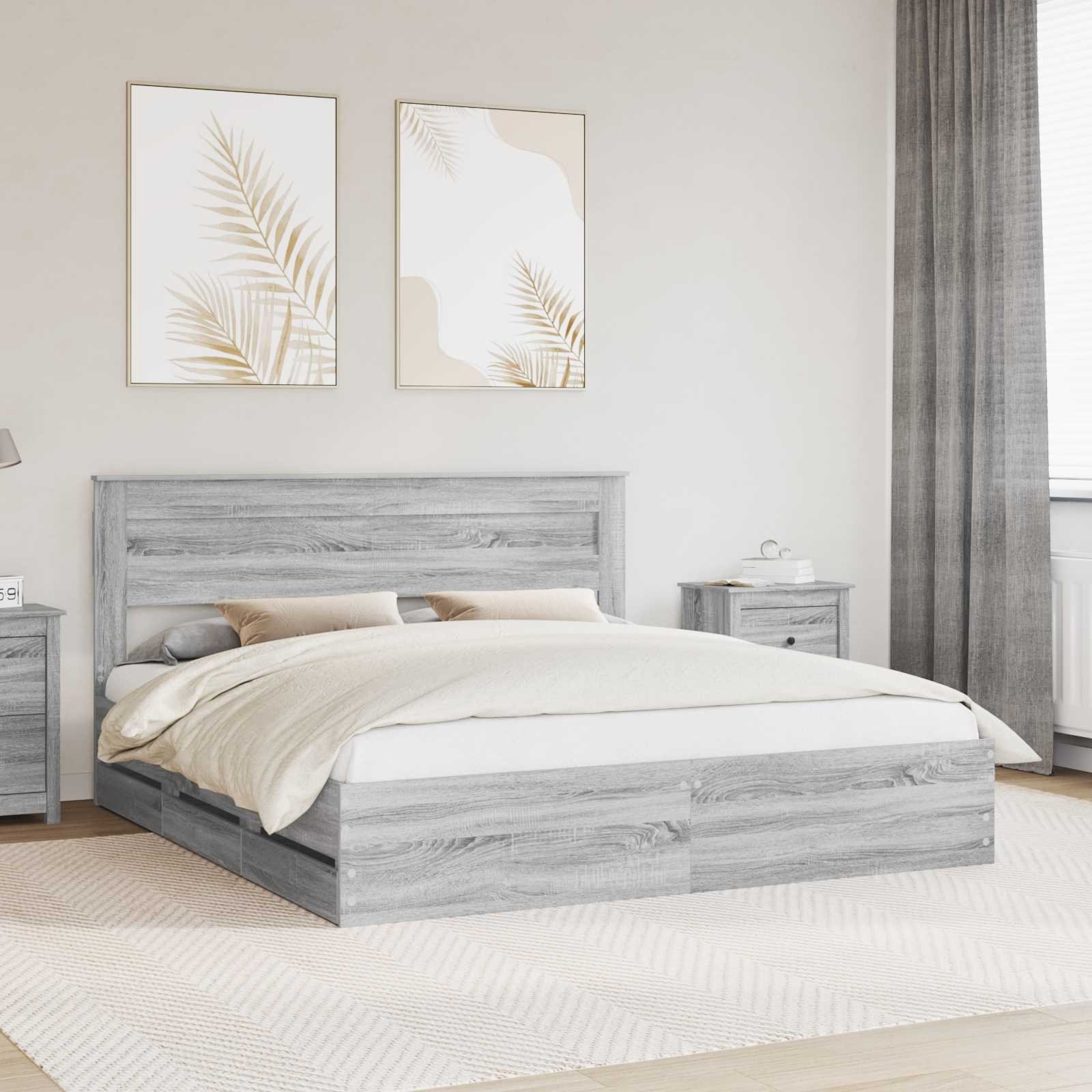 vidaXL Ramka łóżka Szary Sonoma 200 x 200 cm Drewno inżynieryjne