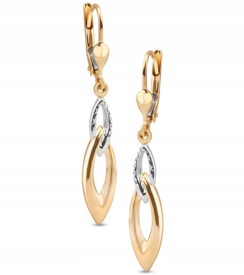 ZŁOTE WISZĄCE KOLCZYKI Z DIAMENTOWANIEM DWUKOLOROWE ŁEZKI 14KT 585