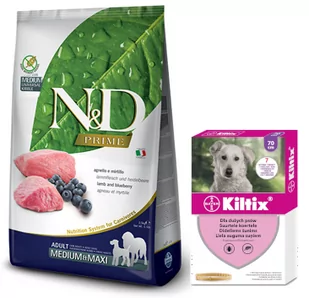 FARMINA N&D Prime canine LAMB & BLUEBERRY ADULT MEDIUM&MAXI KARMA SUCHA 12kg + BAYER Kiltix Obroża dla psów dużych dł, 70cm - Sucha karma dla psów - miniaturka - grafika 1