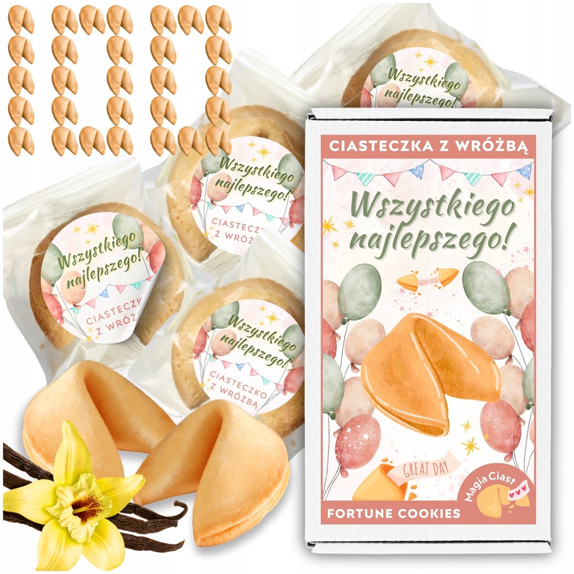 Chińskie Ciasteczka z Wróżbą Wszystkiego Najlepszego Magia dla gości 100szt