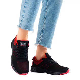 Buty sportowe damskie - Tekstylne buty damskie sportowe czarno-czerwone DK czarne - grafika 1