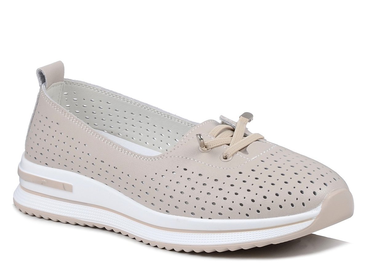 Baleriny damskie beżowe skórzane S.Barski 7044 na platformie ażurowe-37