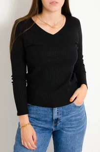 SWETER PRĄŻKOWANY Z DEKOLTEM W SZPIC- CZARNY - Olika - Swetry damskie - miniaturka - grafika 1