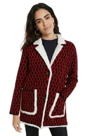 Płaszcze damskie - Płaszcz damski Desigual Denver zimowy dzianinowy czerwony -XL - miniaturka - grafika 1