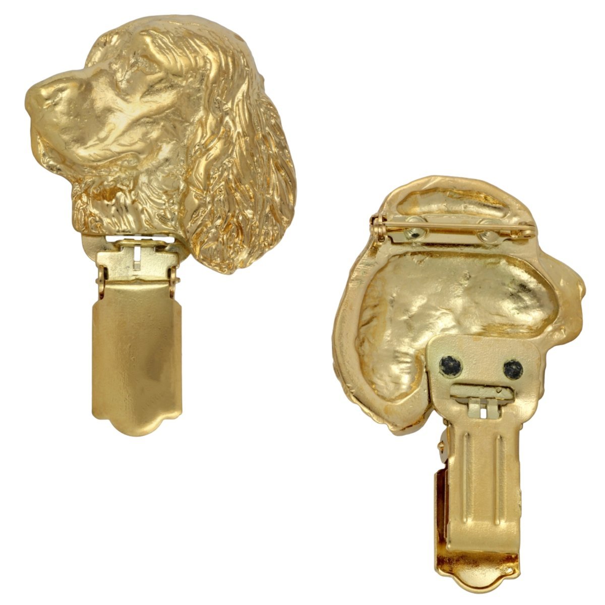 Springer spaniel angielski - broszka z klipsem, pozłacany uchwyt na numer startowy, prezent na wystawę psów marki Art-Dog