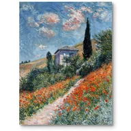 Obrazy i zdjęcia na płótnie - Obraz dom i maki na wsi do salonu zielono-pomarańczowy - miniaturka - grafika 1