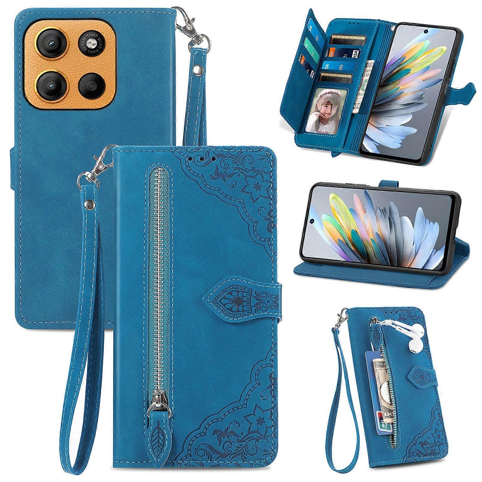 Do Motorola Moto G15 4G Zipper Portfel z paskiem Kwiat Nadruk PU Skórzany pokrowiec na telefon Niebieski