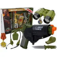Zabawki militarne - Import LEANToys Zestaw Wojskowy z Akcesoriami Pistolet Nóż Lornetka Słuchawki Gwizdek Krótkofalówka Ciemnozielony LT-7865-0 - miniaturka - grafika 1