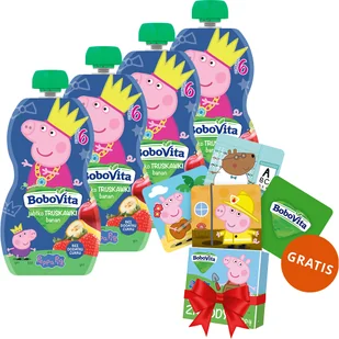 Zestaw BoboVita Świnka Peppa Mus w tubce, jabłko i truskawki z bananem, po 6 miesiącu, 4 x 100 g + karty do gry memory, 24 sztuki gratis - Desery dla dzieci - miniaturka - grafika 1
