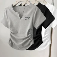 Bluzki damskie - TEMU Zestaw 3 sztuk: Damska Casualowa Modna Bluza z Kokardą, Plisowana, Jednokolorowa, Krótki Rękaw i Okrągły Dekolt - miniaturka - grafika 1