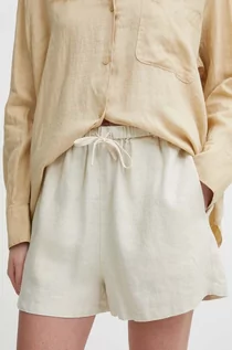 Spodenki damskie - Tommy Hilfiger szorty lniane kolor beżowy gładkie high waist WW0WW41376 - grafika 1