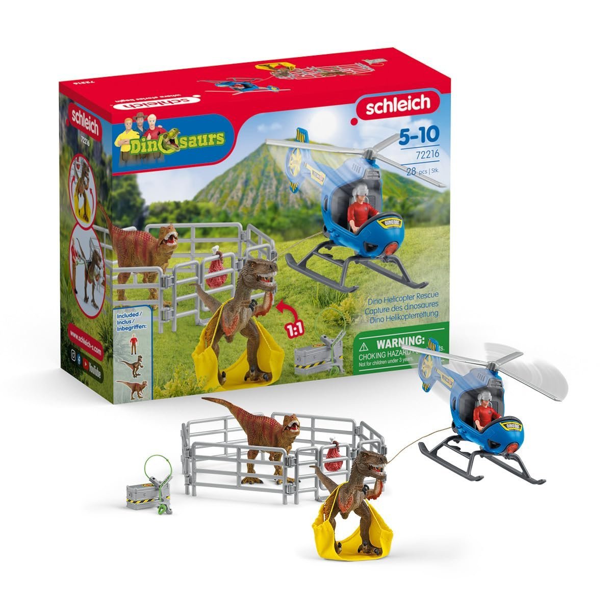 schleich 72216 Misja Ratunkowa: Helikopterem po Dinozaury, od 5 lat, DINOSAURS - Zestaw do zabawy, 28 kawałki