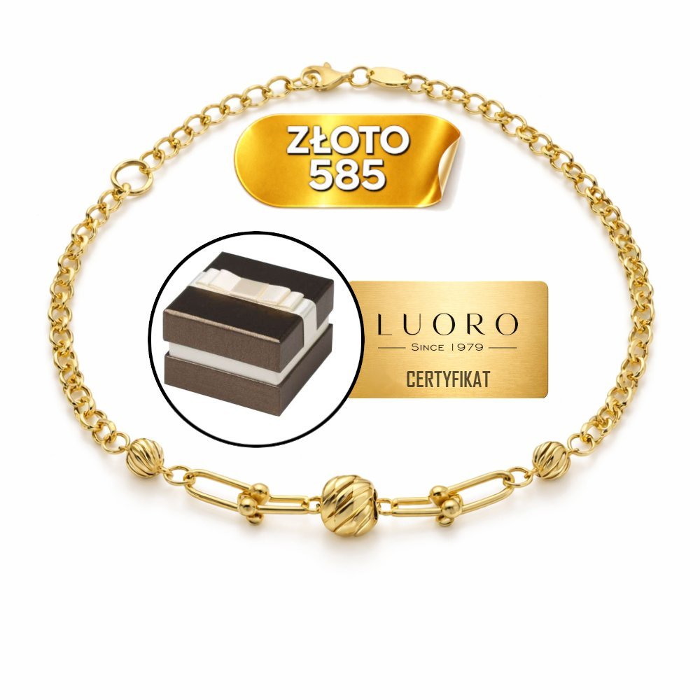 BRANSOLETKA ZŁOTA 585 14K DIAMENTOWANE KULKI OGNIWA 17 CM REGULOWANA