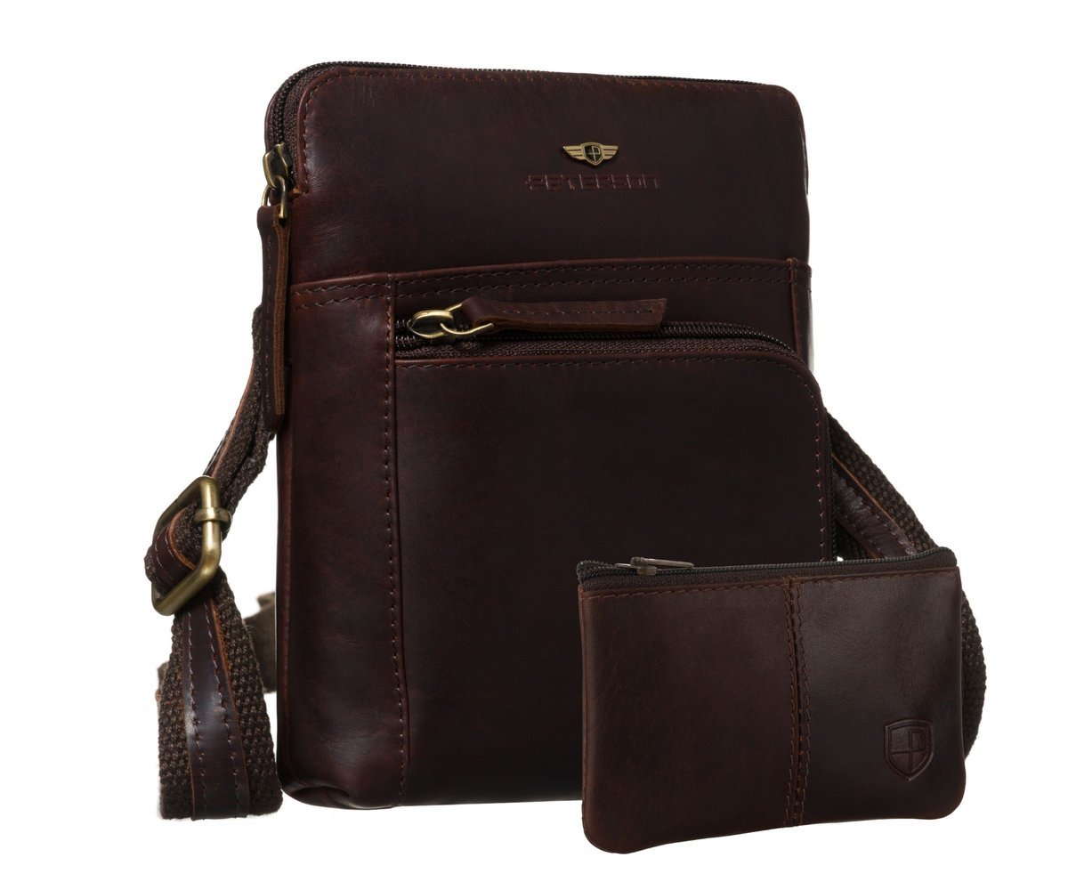 Brązowa torebka męska skórzana PETERSON listonoszka na ramię crossbody saszetka miejska kieszonki na suwak mała slim + etui na klucze