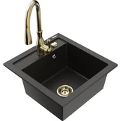 Zlewozmywaki z baterią - Mexen Vito zlewozmywak granitowy 1-komorowy z baterią kuchenną Savita, czarny/złoty metalik - miniaturka - grafika 1