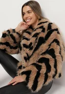 Kurtki damskie - Brązowo-Czarna Kurtka Typu Futerko w Paski Alinsse - miniaturka - grafika 1