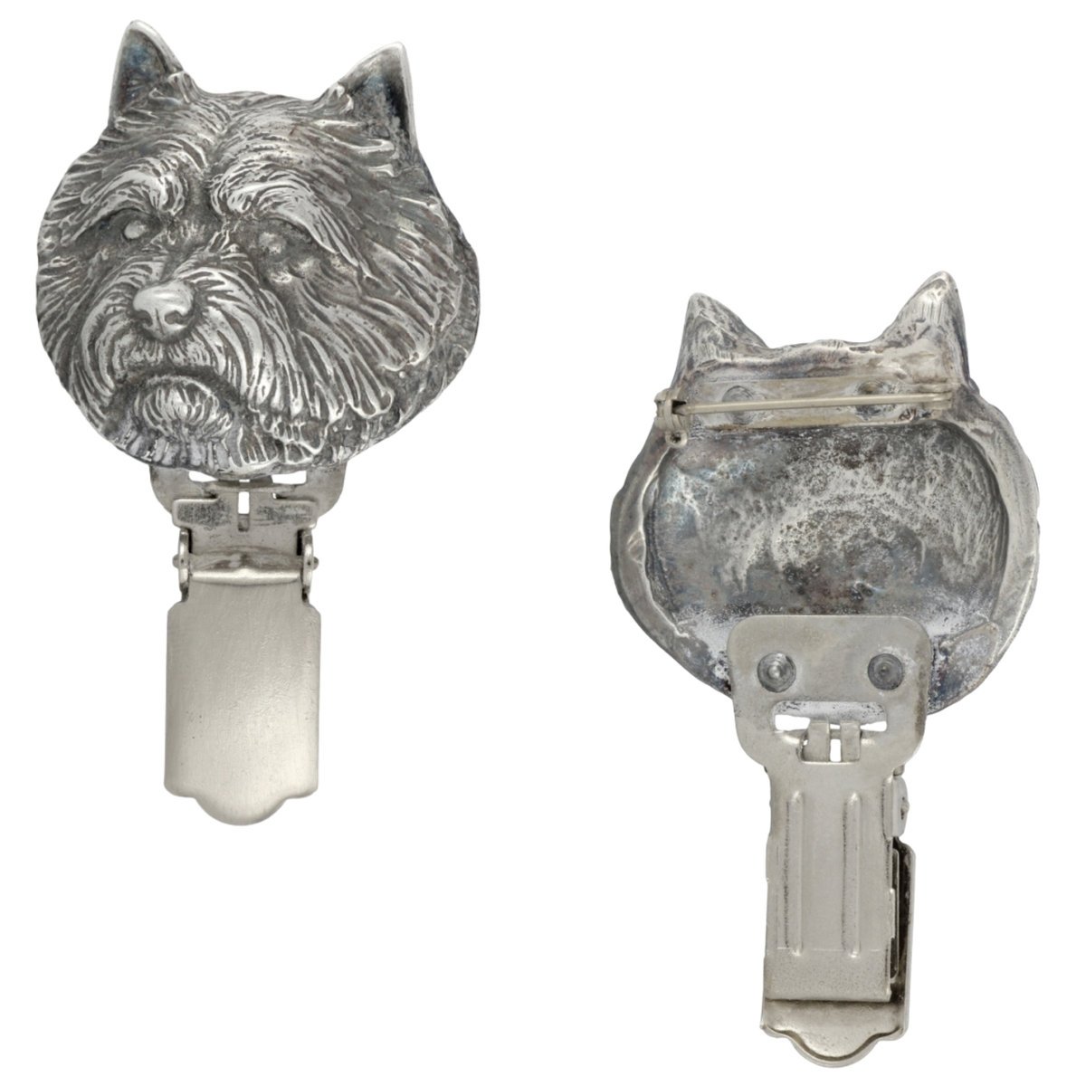 Norwich Terrier - broszka z klipsem, uchwyt na numer startowy, posrebrzana przypinka na wystawę psów marki Art-Dog