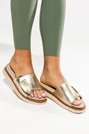 Klapki i japonki damskie - Złote klapki skórzane damskie złota ozdoba bieżnikowana platforma PRODUKT POLSKI Casu 50101 - miniaturka - grafika 1