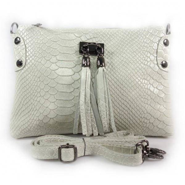 Skórzana włoska listonoszka ,wężowa skórka,frędzelki szara LP149G
