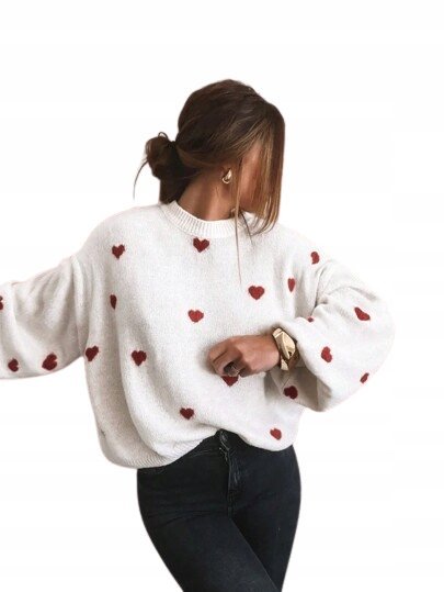 SHEIN DAMSKI SWETER BIAŁY W SERCA KLASYCZNY XL ŁYA
