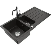 Zlewozmywaki z baterią - Mexen Andres zlewozmywak granitowy 1,5-komorowy z ociekaczem i baterią kuchenną Carla, czarny/złoty - miniaturka - grafika 1