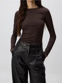 Bluzki damskie - Reserved - Gładki longsleeve - ciemnobrązowy - miniaturka - grafika 1