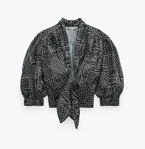 Bluzka damska Zara Cropped z bufiastymi rękawami wiązana XL - Bluzki damskie - miniaturka - grafika 1