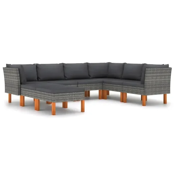 Zestaw wypoczynkowy szary z poduszkami antracytowymi, rattan PE, stal, drew