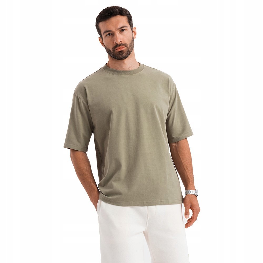 Męski t-shirt bawełniany loose fit khaki wygodny Ombre OM-TSBC-0234 V8 XXL