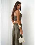 Komplety damskie - Lniany komplet crop top i szerokie spodnie SETI - khaki - miniaturka - grafika 1