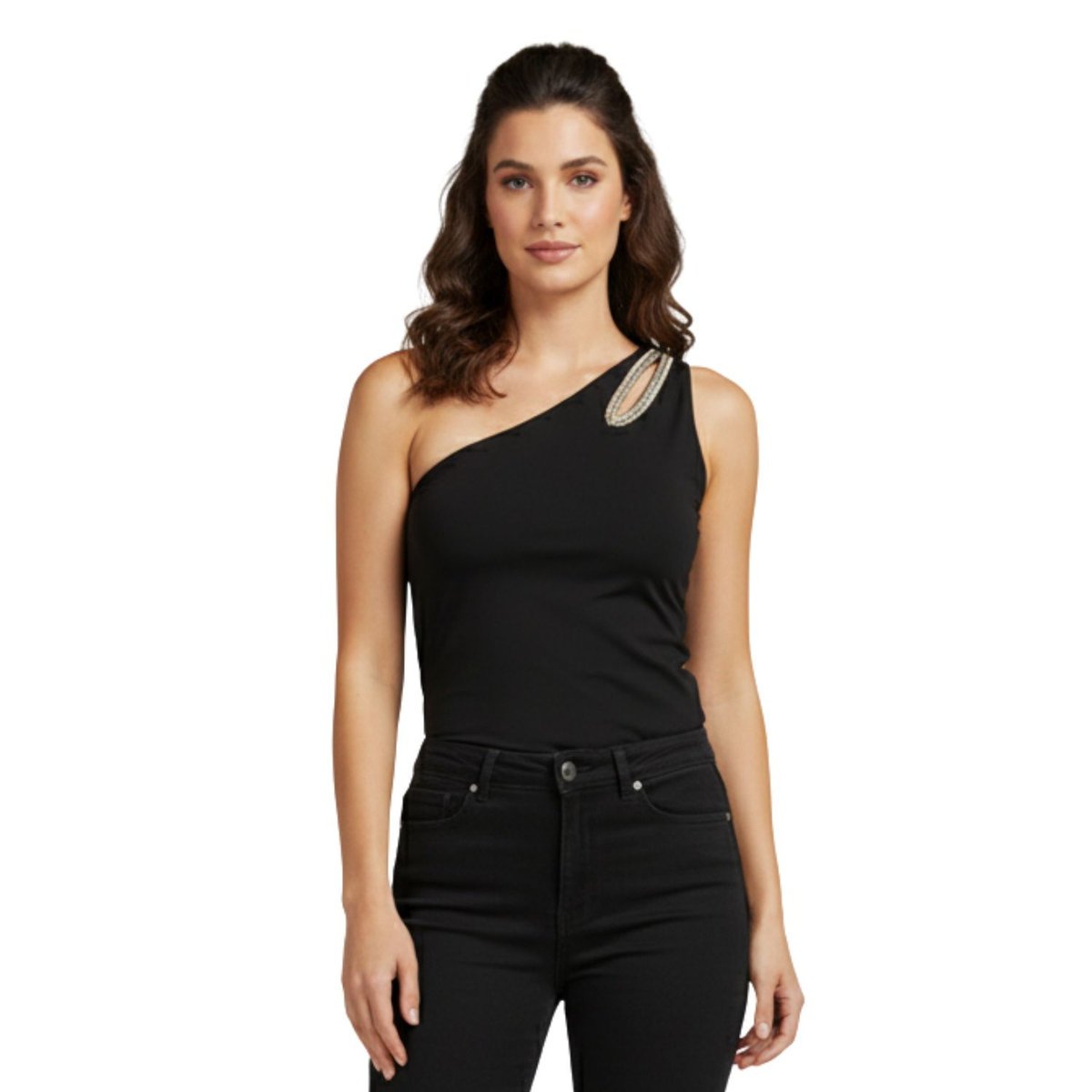 Top damski Guess asymetryczny z zamkiem czarny -M