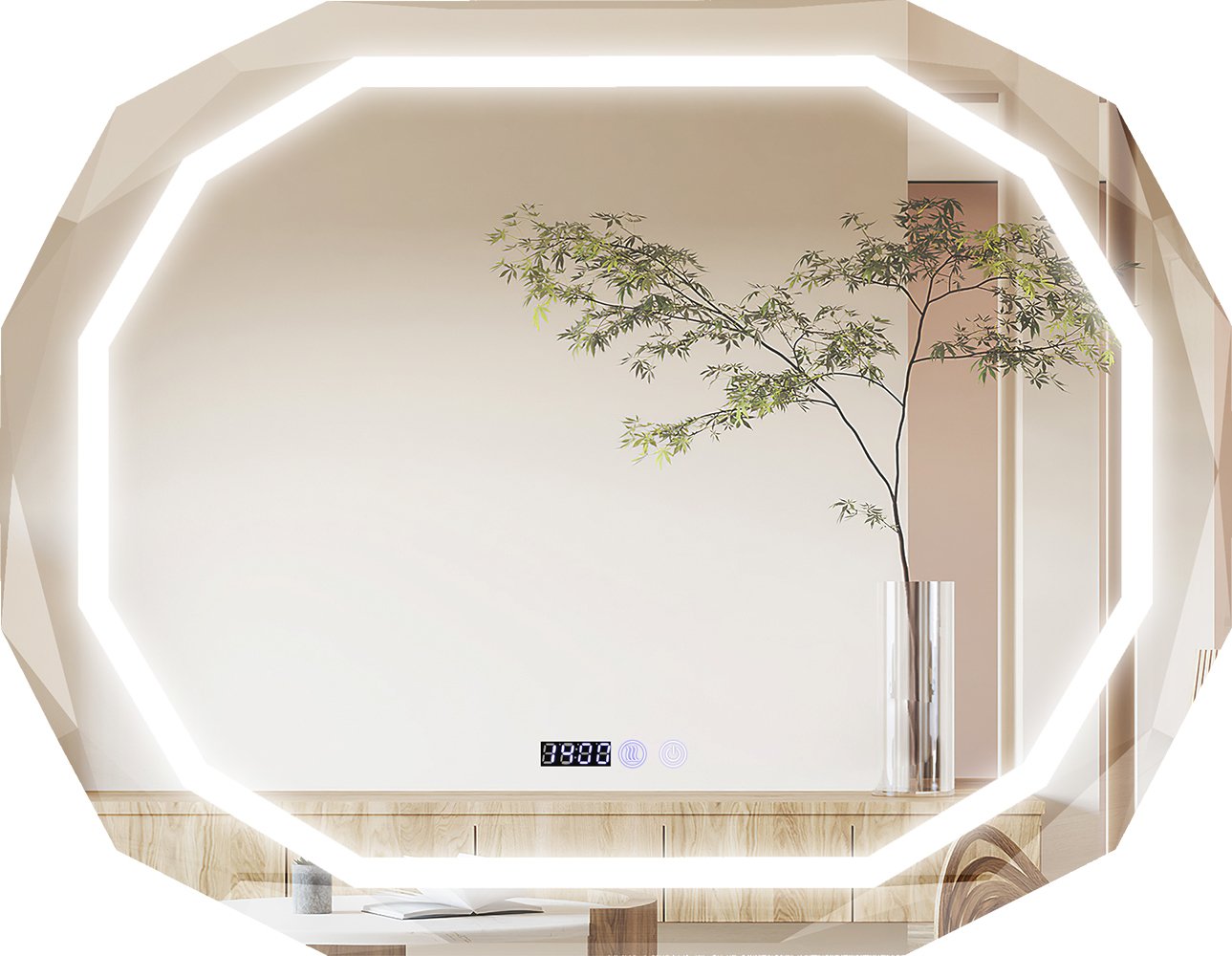 Lustro łazienkowe LED COSTWAY, jednostronne, fazowane lustro przeciwmgielne z 3-kolorowym oświetleniem LED, funkcją pamięci, odczytem czasu i temperatury, nietłukące eliptyczne lustro HD do łazienek