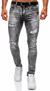 Spodnie męskie - Szare spodnie jeansowe męskie regular fit z paskiem Denley 6038S0 - grafika 1