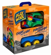 Samochody i pojazdy dla dzieci - Pojazd Koparka Spychacz Gigant z Przyczepką Ozdobny Pomarańcz Karton 90cm - miniaturka - grafika 1